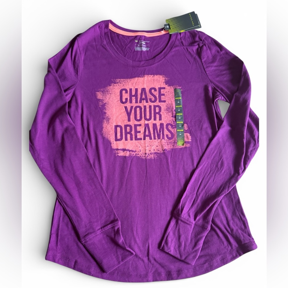 NWT! DryTek Athletic Long Sleeve Purple Top w/ Thumb Holes Chase Your Dreams M